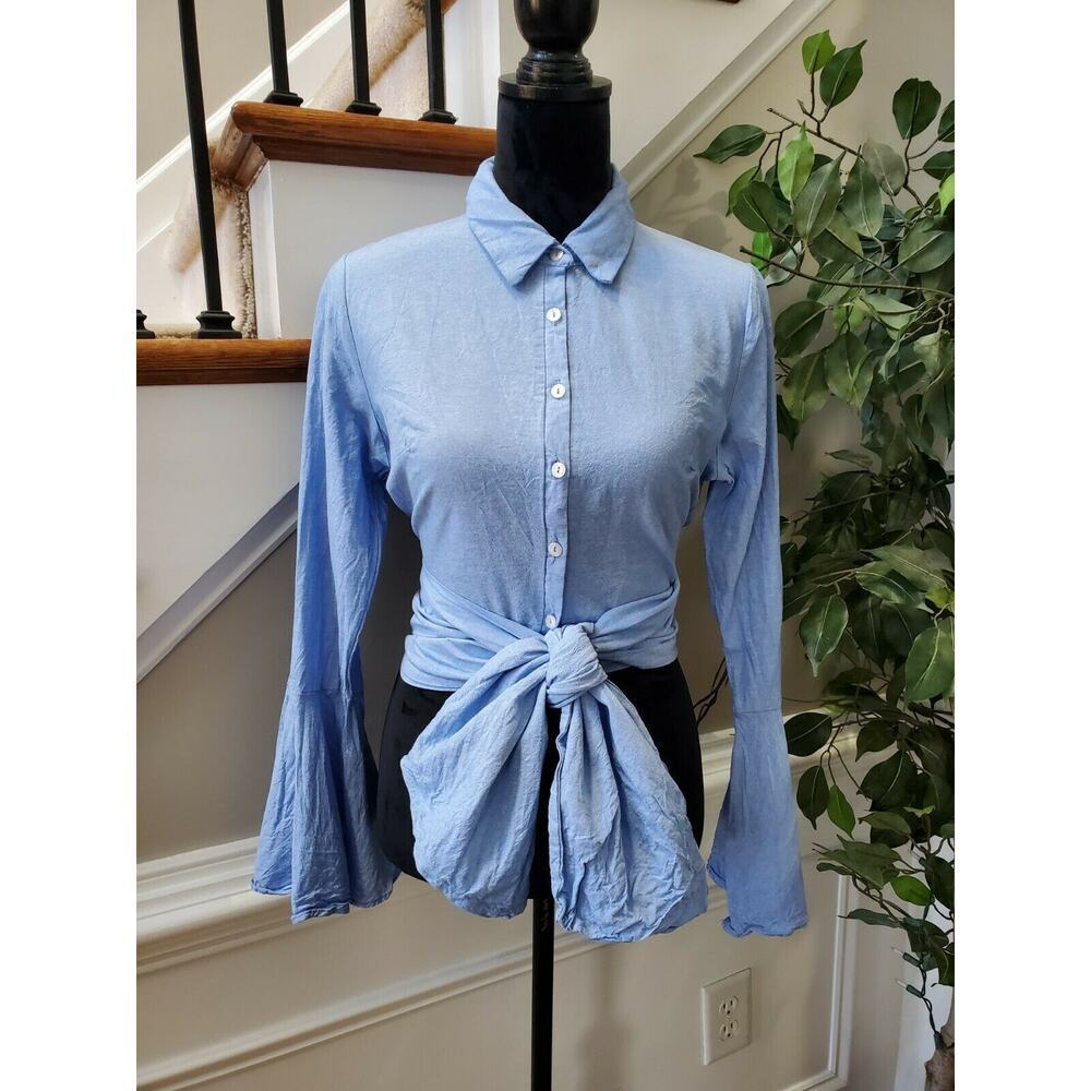 Fashion Nova Women Blue Wrap Cotton Long‎ Sleeve Collared Top Shirt Size Medium